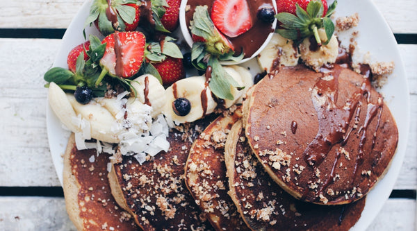 Vanilla Protein Pancakes with Choc-Tahini Sauce